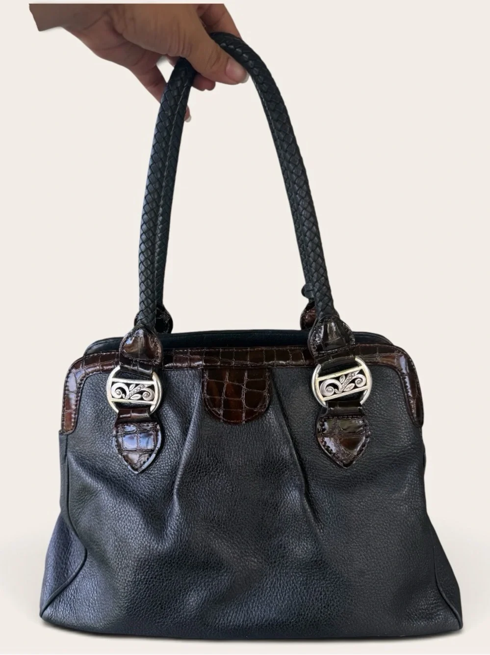 Brighton Black Pebbled Leather Satchel | Croc Embossed Trim | Heart Charm